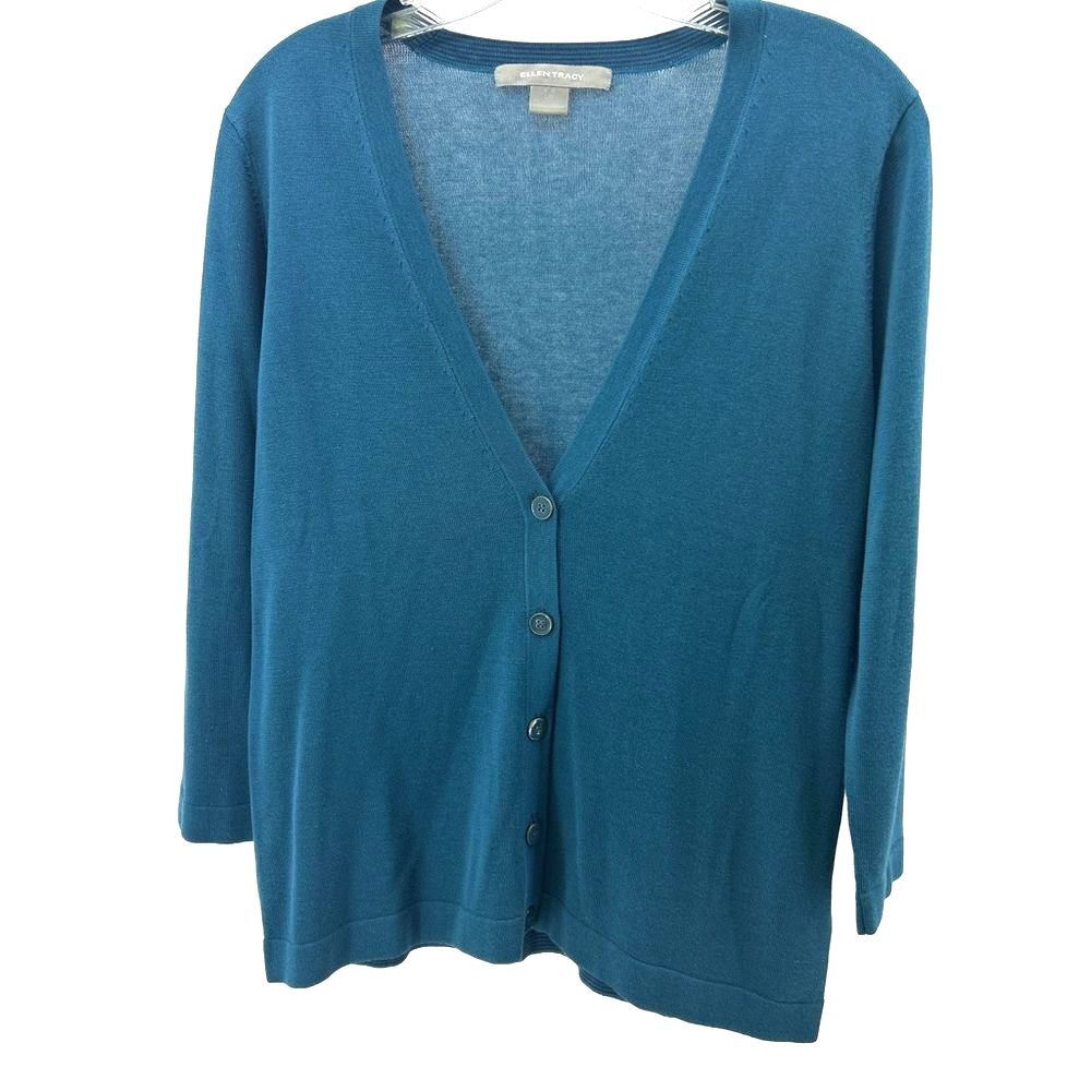 Ellen Tracy Blue Cardigan Sweater V-Neck Lightweight